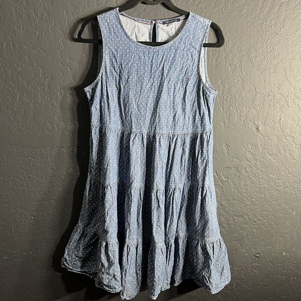 Tommy Hilfiger Dress‎ 8 Denim Babydoll Blue White Polka Dot Sleeveless Keyhole